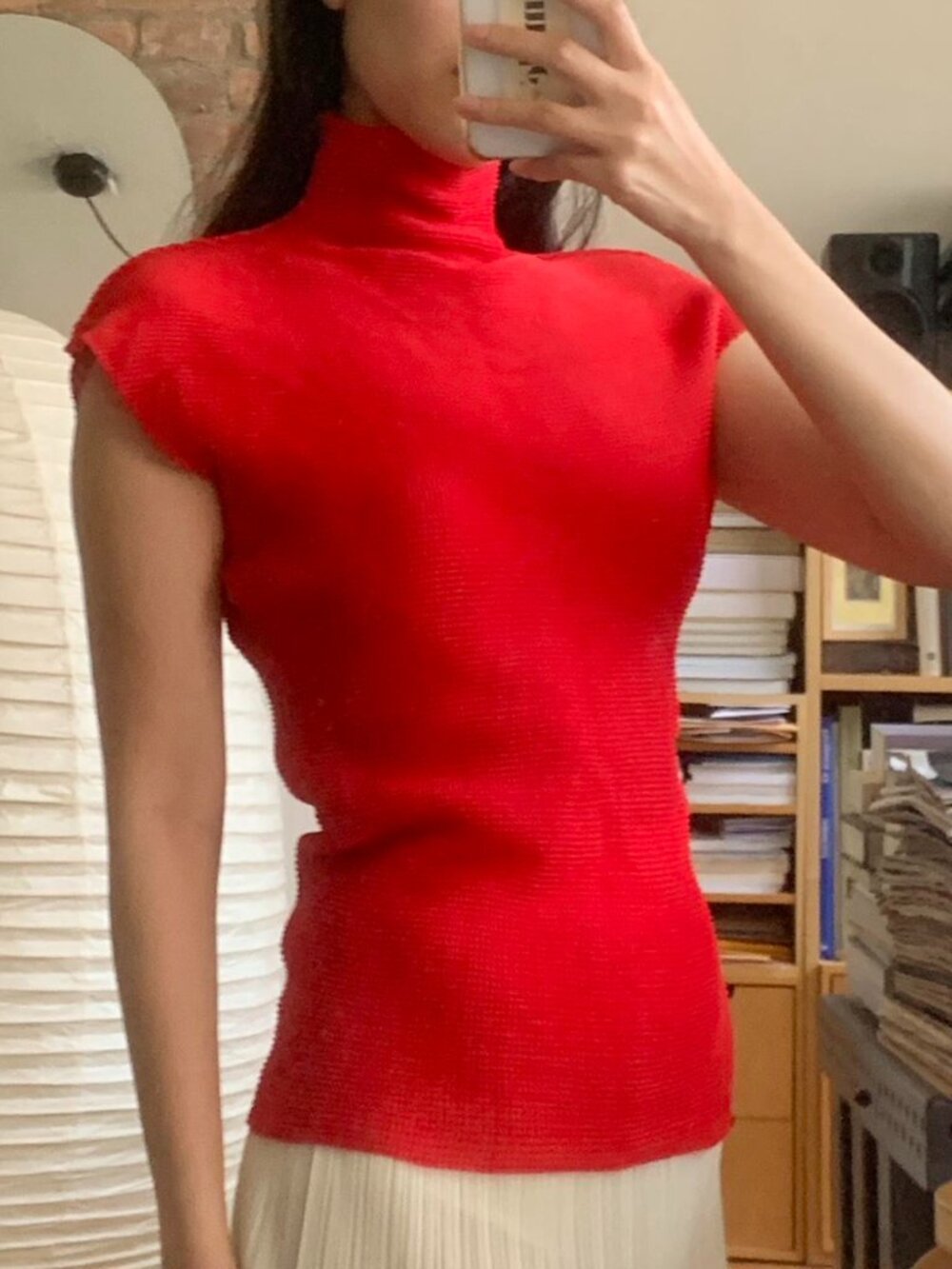 Issey Miyake Me Stretch Pleat Red Turtleneck Top